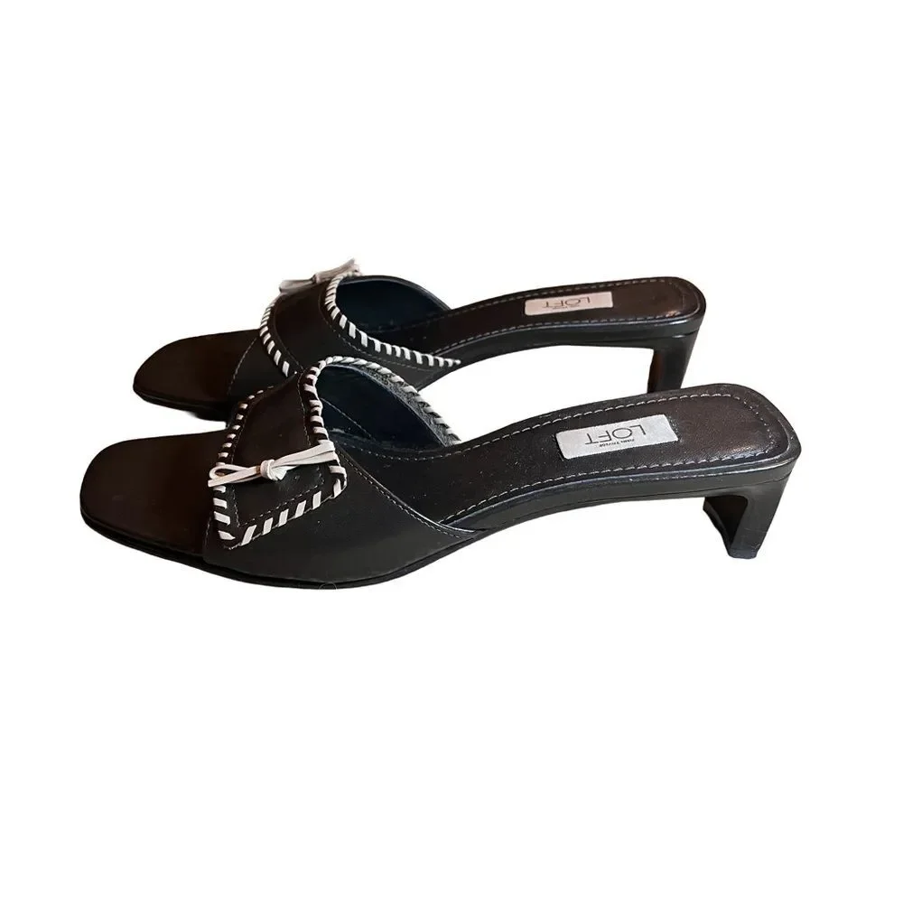 LOFT Dark Brown Heeled Mules Slides Cream Stitching Leather size 7 Classy